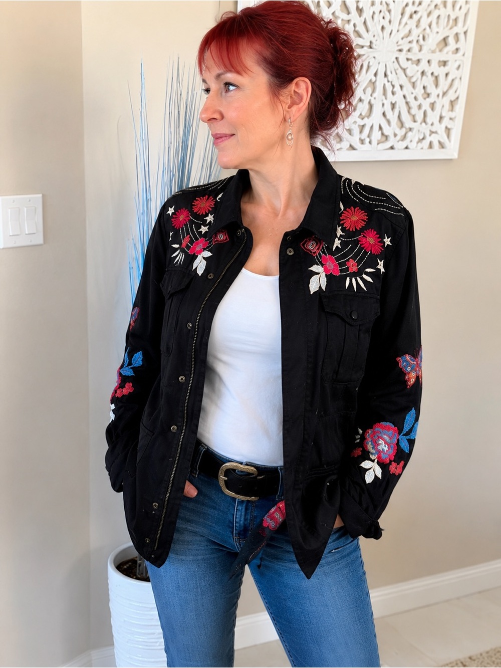 Johnny Was Black Embroidered Floral Utility Jacket with Red & Blue Accents